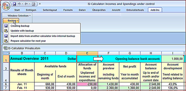 Menue: Backup and preparation of calculator for next year